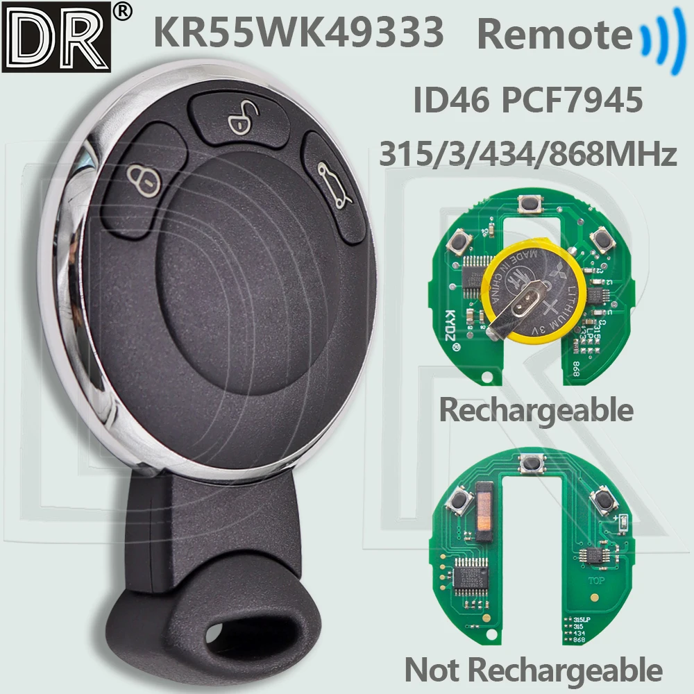 DR KR55WK49333 ID46 Chip 315LP/315/434,2/868MHz con pegatina llave remota de coche para BMW MINI Clubman Cabrio Cooper One/D/S Contryman