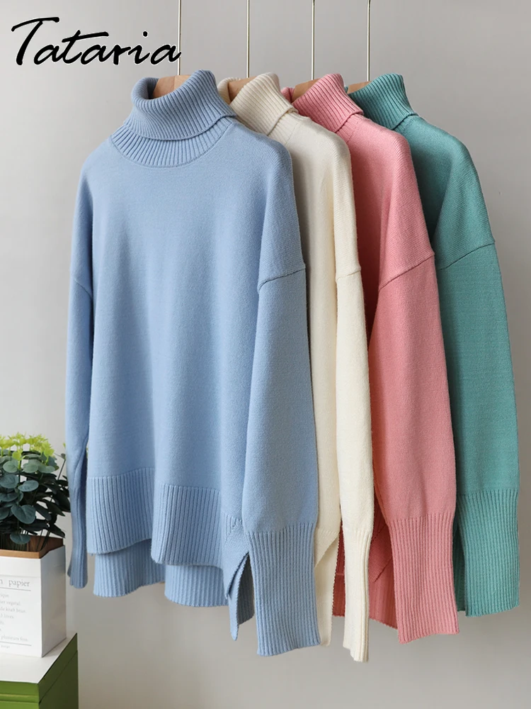 

High Quality Oversize Turtlenecks for Women Autumn Vintage Beige Knitted Sweater with Side Split Soft Girls Warm Pullover Jumper