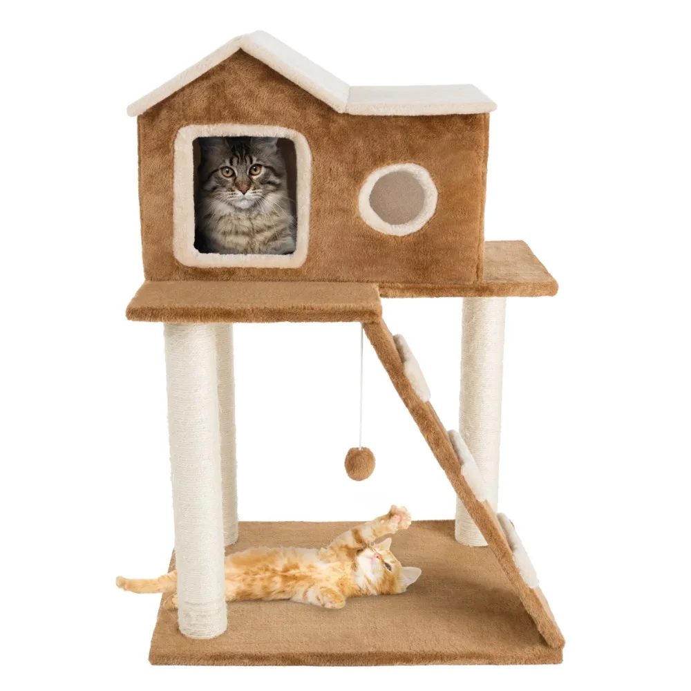 

3 Tier Cat Tree- Plush Multilevel Cat Tower with Scratching Posts Climbing Ladder Cat Condo and Hanging Toy for Cats and Kittens