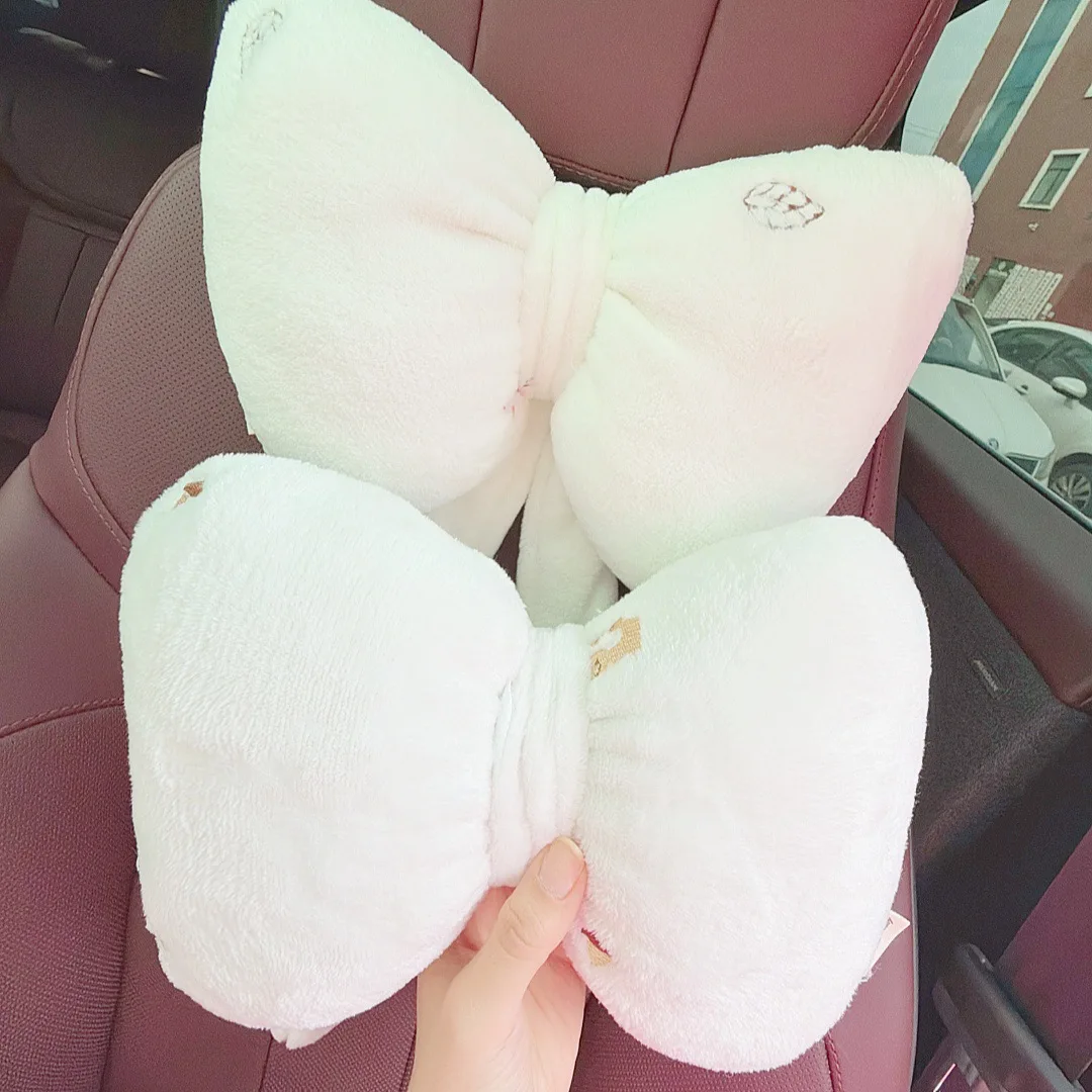 겨울용 어린이 플러시 자수 자동차 헤드레스트 목베개, 귀여운 리본 모양의 카시트 베개