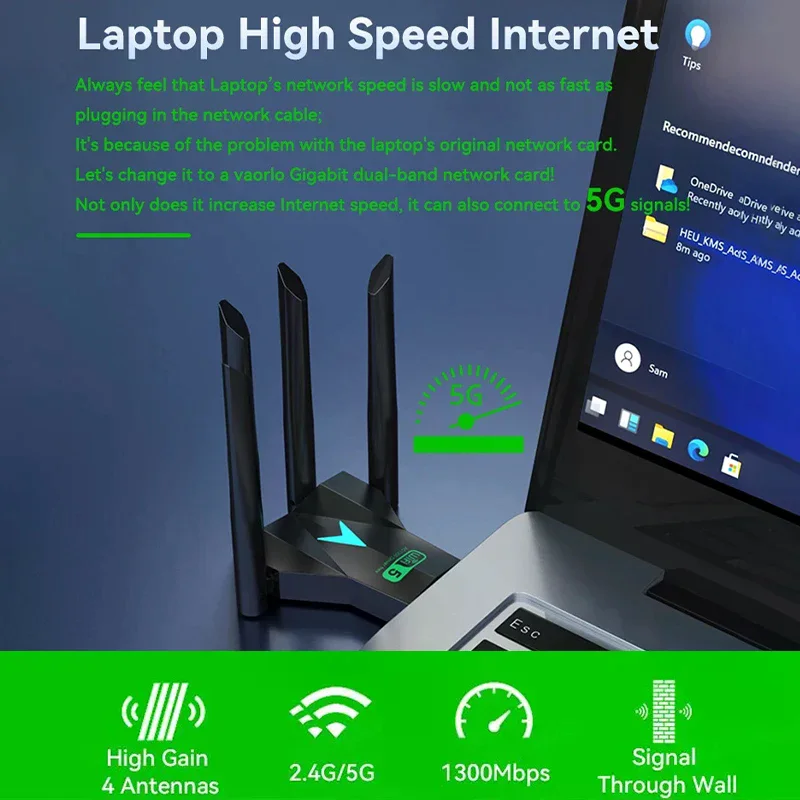 듀얼 밴드 1300Mbps WiFi USB 어댑터 2.4G/5Ghz Wi-Fi 동글 USB3.0 802.11AC PC/노트북용 4안테나 무선 수신기 드라이버 무료