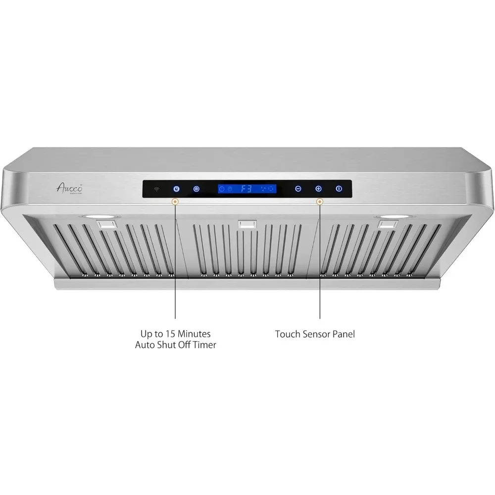 30 Inch Range Hood, 7” High Stainless Steel Under Cabinet Range Hood 4 Speeds, 8” Round Top Vent, 1000CFM 2 LED Lights 2