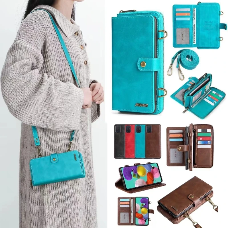 

Removable Leather Zipper Wallet Card Strap Phone Case For Samsung A72 A70 A52 A31 A21s A20E A50s A30s Holder 3 in 1 Back Cover