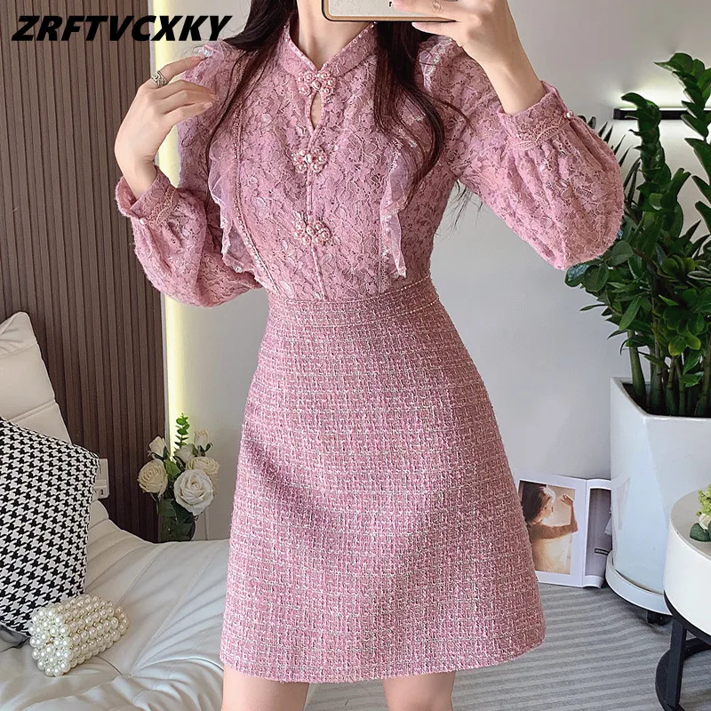 

Vintage Disk Buckle Autumn Tweed Stitching Lace Dress Women Long Sleeve Beaded Fashion Embroidery Ruffles Short Dress Vestidos