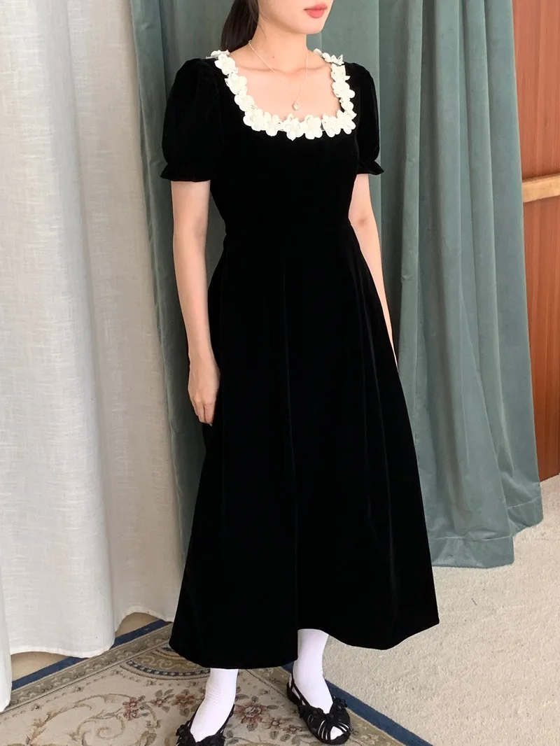 Autumn French Vintage Black Velvet Midi Dresses for Women Puff Sleeves Square Collar A-line Korean Fashion Vestido Mujer New