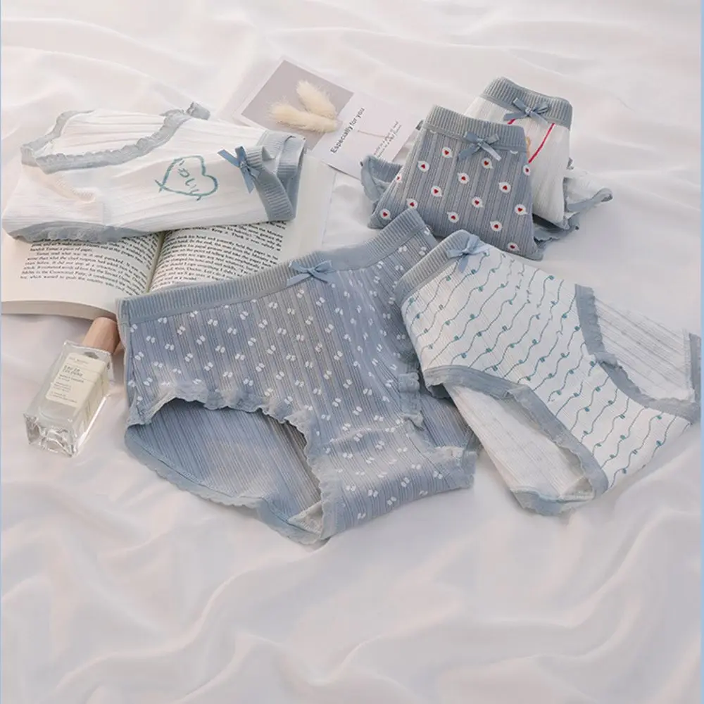 

Breathable Fungus Underwear Heart Girls Haze Blue Series Mid-Waist Panties Women Underwear Bow Lingerie Lace Briefs