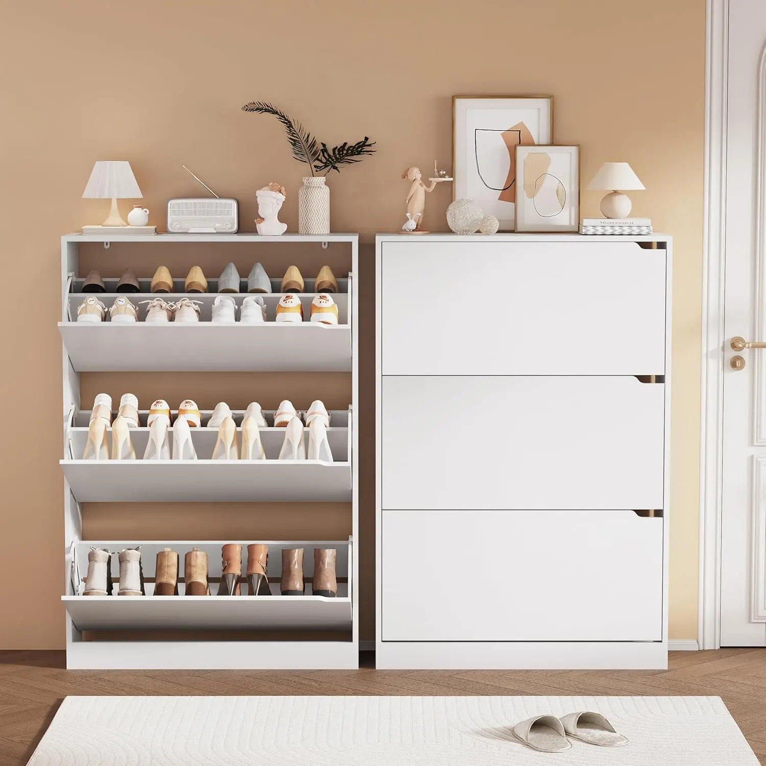 Shoe Storage Cabinet, Wood Shoe Organizer for Entryway with 3 Flip Drawers, Freestanding Shoe Rack with Adjustable Shelf, Narrow