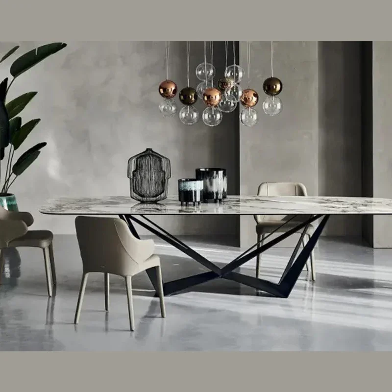 

Designer Kitchen Dining Table Nature Stone Texture Black Finish Iron Apartment Villa Furniture Modern Marble Table Dining Room