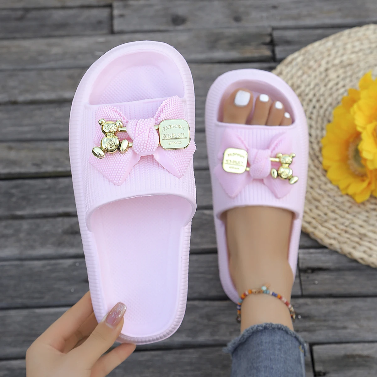 Sommer Damen Slip-On Hausschuhe Entzückende Metallic Bär Schleife Dekor Rutschen Urlaub Strand Spaziergänge Dusche Vielseitige mehrfarbige Sandalen – Detail 16