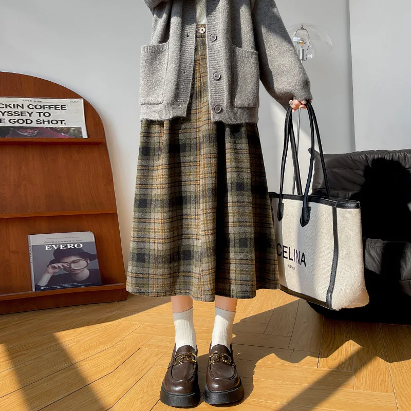 

Women's Middle Waist Mid-calf A-line Skirts Autumn Winter Female Plaid Retro Slimming Ladies Slim Preppy Style Clothes Hw34