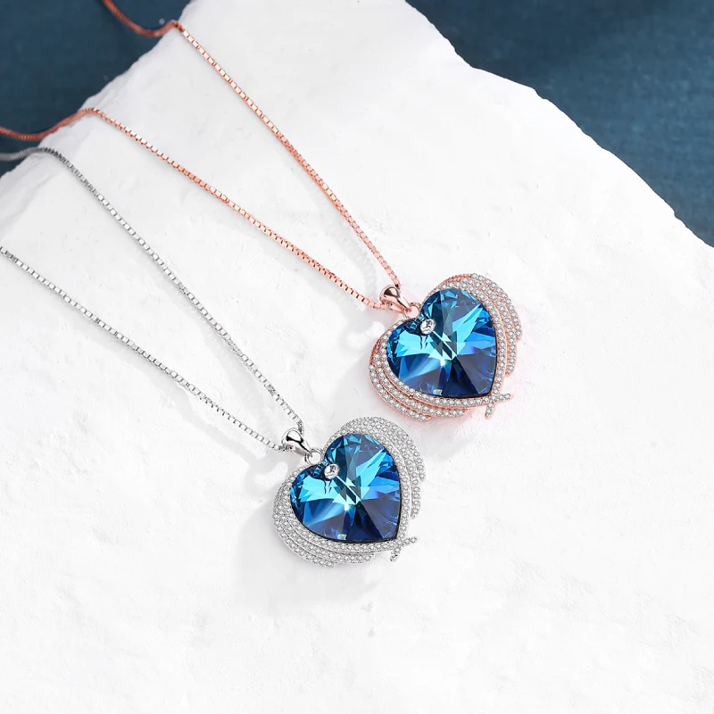 

S925 Sterling Silver Love Blue Crystal Women Necklace Stylish Light Luxury Romantic Versatile Clavicular Chain Valentine's Day