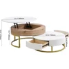 Modern Round Lift-top Nesting Coffee Tables with 2 Drawers for Living Room White & Natural 2