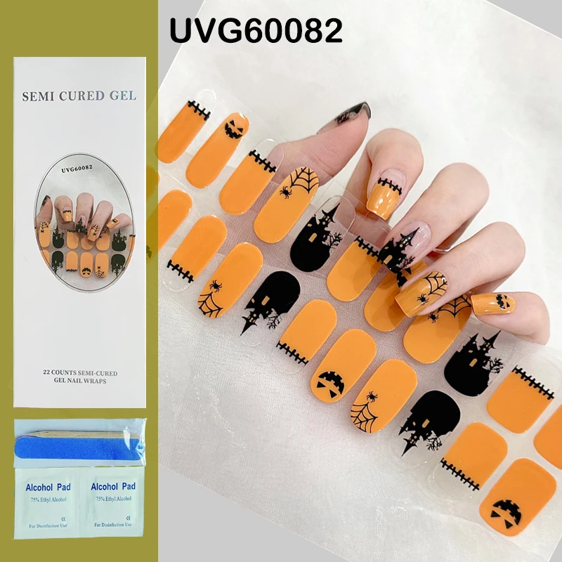 

Halloween Manicure Patch Pumpkin Ghost Spider Semi-cured Gel Nail Strips Press On Full Cover Nail Gel Stickers UV Lamp Need