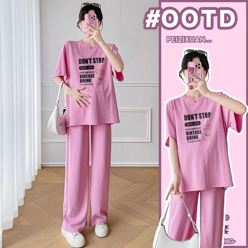 여름 의상 출산 세트 루즈한 디자인 투피스 슈트 4가지 색상 한국 스타일 코튼 이너 임산부를 위한 여름 패션