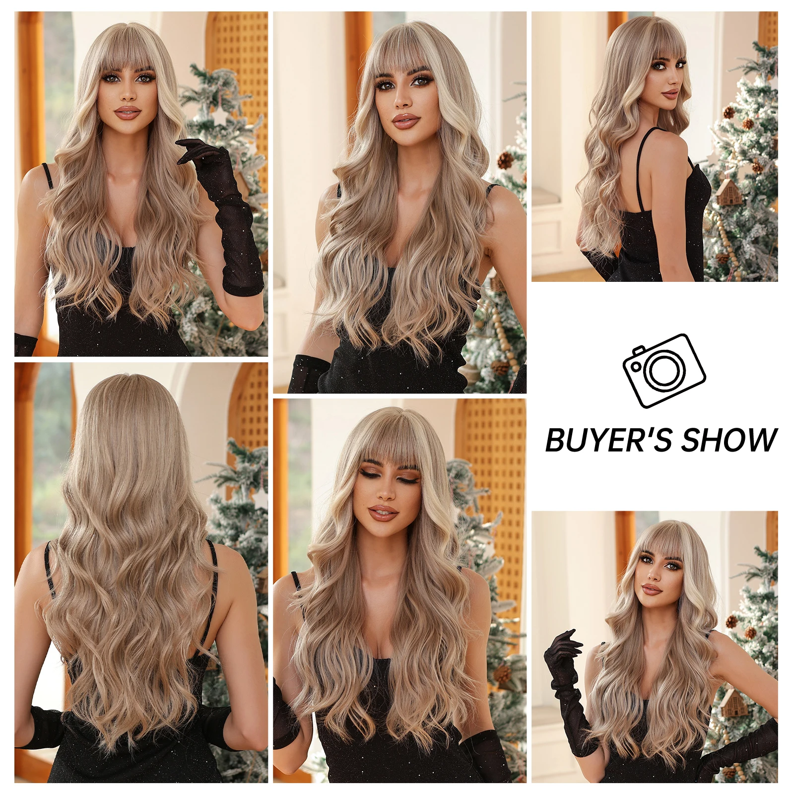 ALAN EATON Light Ash Blonde Wavy Synthetic Wigs Long Ombre Fake Hair Wave Wig with Bangs Heat Resistant Daily Wig for Women Use