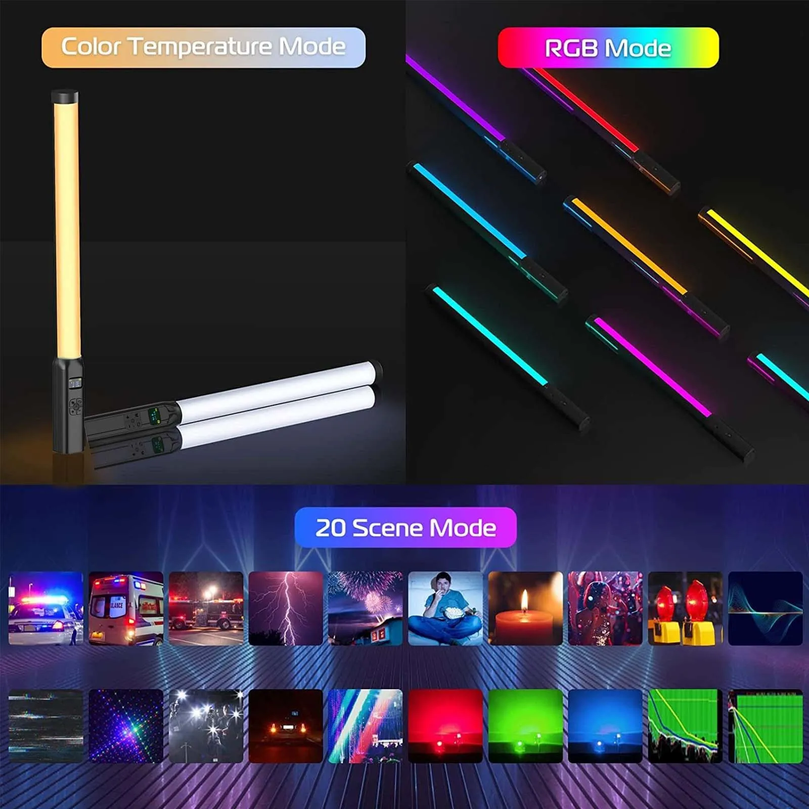 RGB 다채로운 LED 비디오 스틱 필 라이트, 휴대용 램프 플래시 지팡이, 스피드 라이트, 사진 조명, 카메라 브이로그 라이브 유튜브용