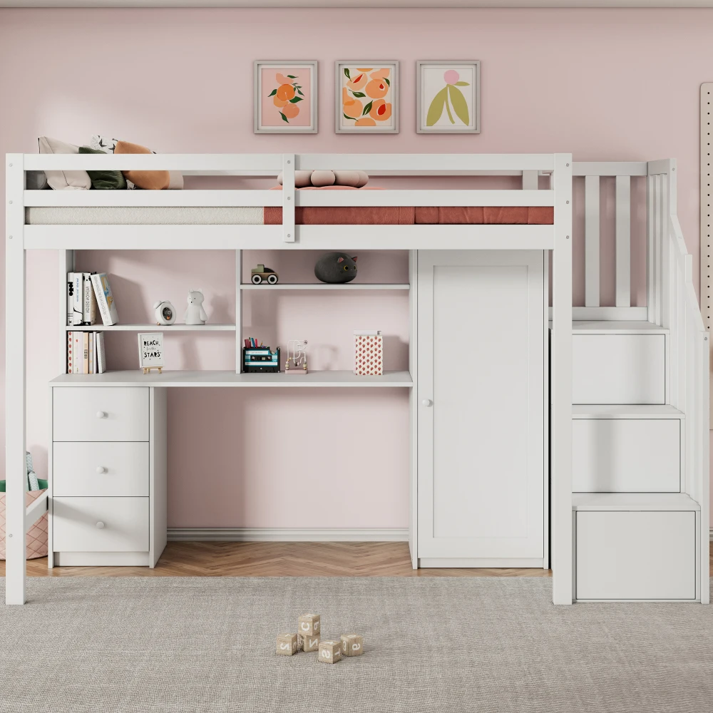 90 * 200 cm weißes Kinder-Etagenbett mit Schreibtisch und Kleiderschrank, Treppe, multifunktionales Kinder-Etagenbett, ausgestattet mit Schubladen und Kleiderschrank – Detail 3