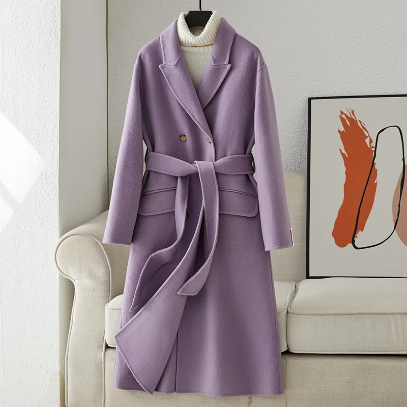 

Medium length double-sided cashmere coat, women's purple, 2022 autumn and winter new Hepburn style wool coat, high-end feeling