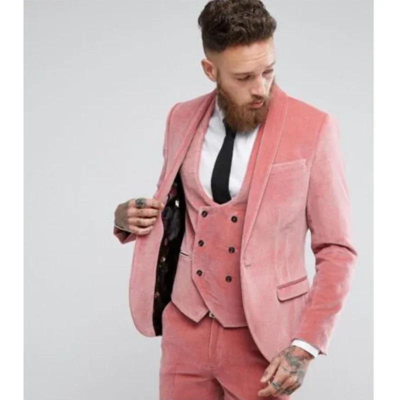 

2024 Autumn Warm Velvet Pink Elegant Suits For Men Casual Slim Fit Blazers Hombre High Quality Custom 3 Piece Set Costume Homme