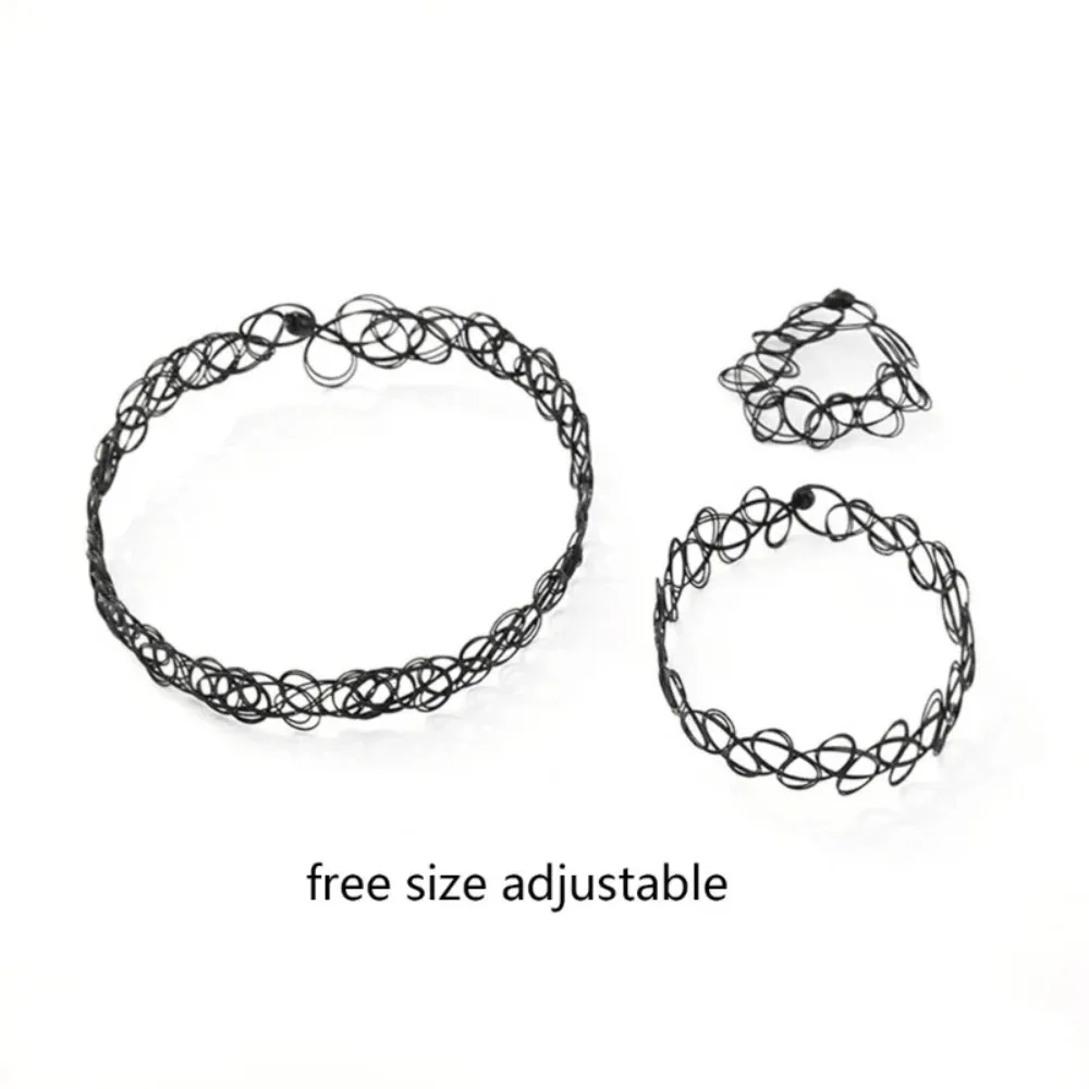 3PCS European and American Fashion Black Fishing Line Letter Tattoos Elastic Necklace Bracelet Ring Three-Piece for Women Set
