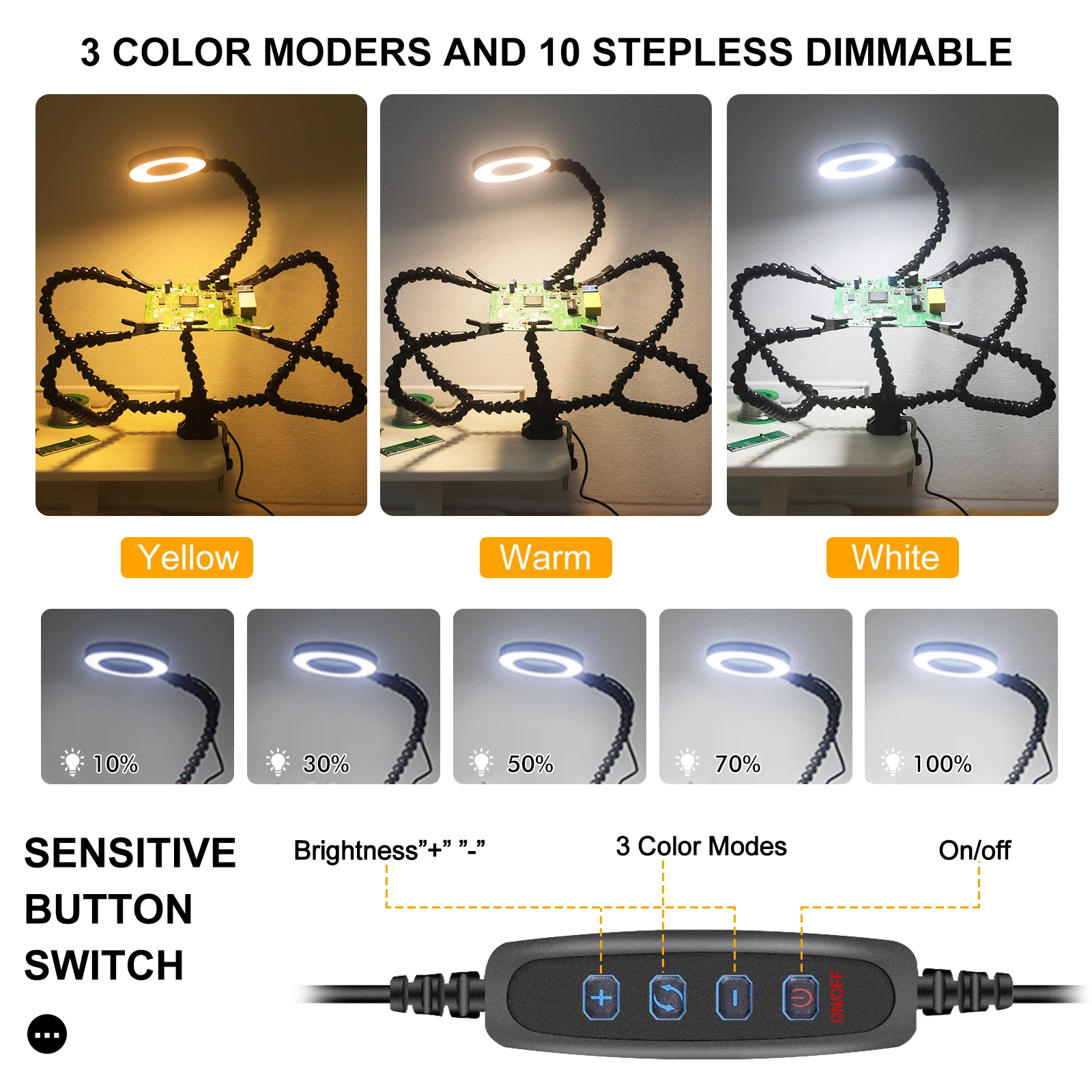 Table Clamp Soldering Third Hand with 3X USB Magnifier LED Light 5Pcs Flexible Arms PCB Holder Welding Repair Tool NEWACALOX soldering repair tool soldering magnifier soldering repair magnifier
