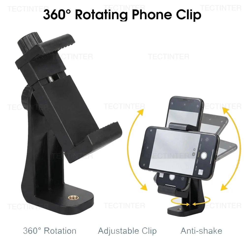 Supporto universale per treppiede con foro filettato da 1/4, rotazione a 360 gradi, supporto per treppiede per cellulare, clip per smartphone.