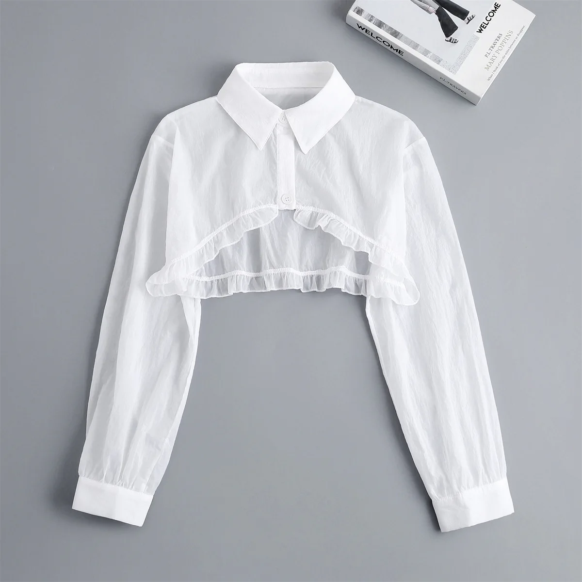 

Long-sleeved False Collar Spring and Autumn Crop Cardigan Skirt Versatile Shawl Solid Color Korean Style Short Chiffon Blouses