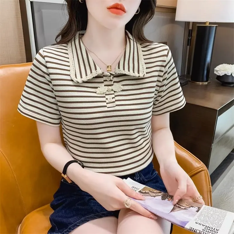 

Women's 2024 New Summer Fashion Commute Polo-Neck Button Striped Contrast Color Short Sleeve Pullover Casual Basic T-shirts Tops