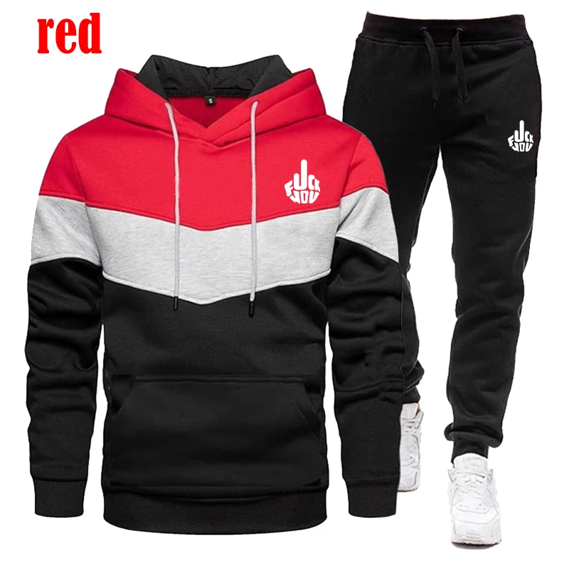2023 New Fashion Printed Men's Sportswear Set Tri Color Panel Hoodie Guard Pants Two Piece Jogging Set Sportswear