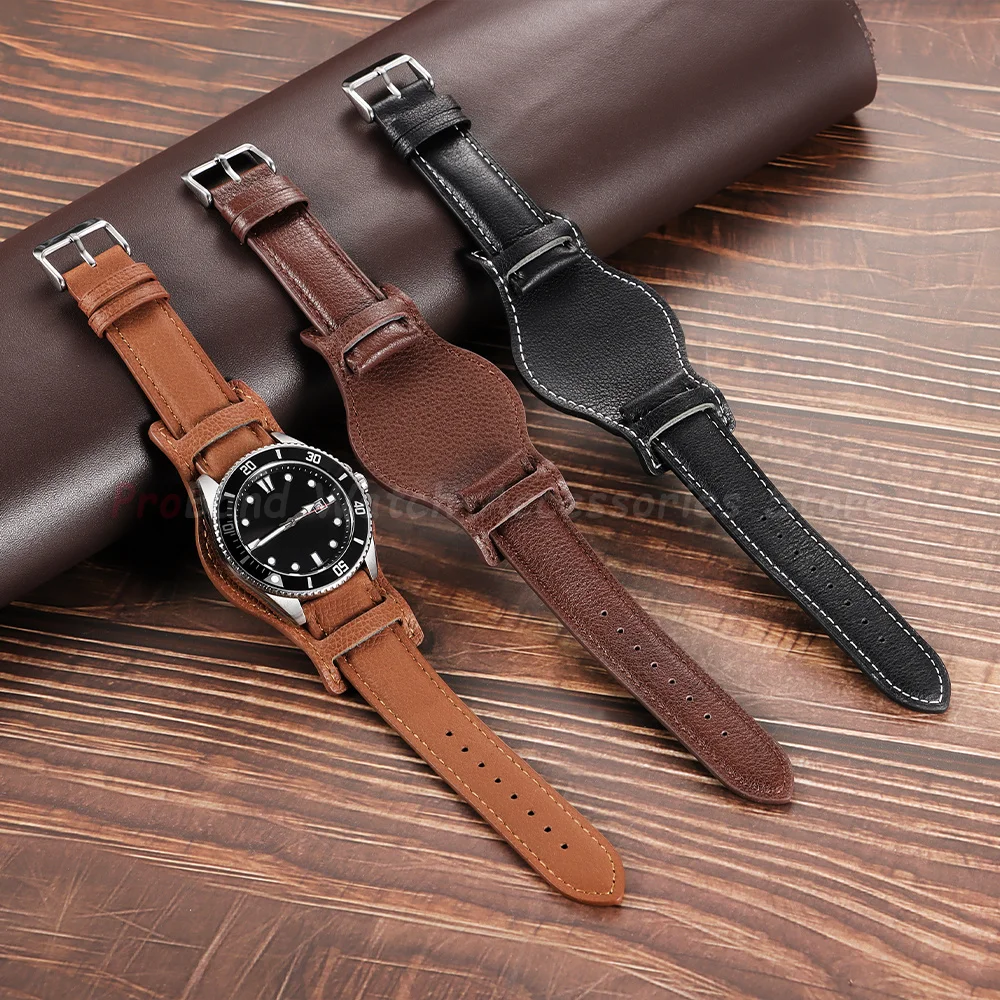 Elegant Genuine Leather Watch Straps with Retro Bund Pad in Black and Brown