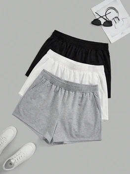 Plus Size Women's Elastic Waist Biker Shorts 3 Piece Running Workout Yoga Shorts Best for Summer Polyester 1