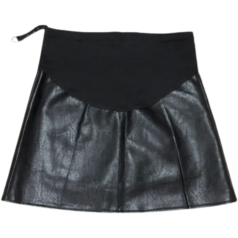 Pretty Maternity Autumn Skirts Vintage High Waist Pregnant Woman Slim Belly Skirts Elegant Pregnancy A-line Pu Leather Skirt