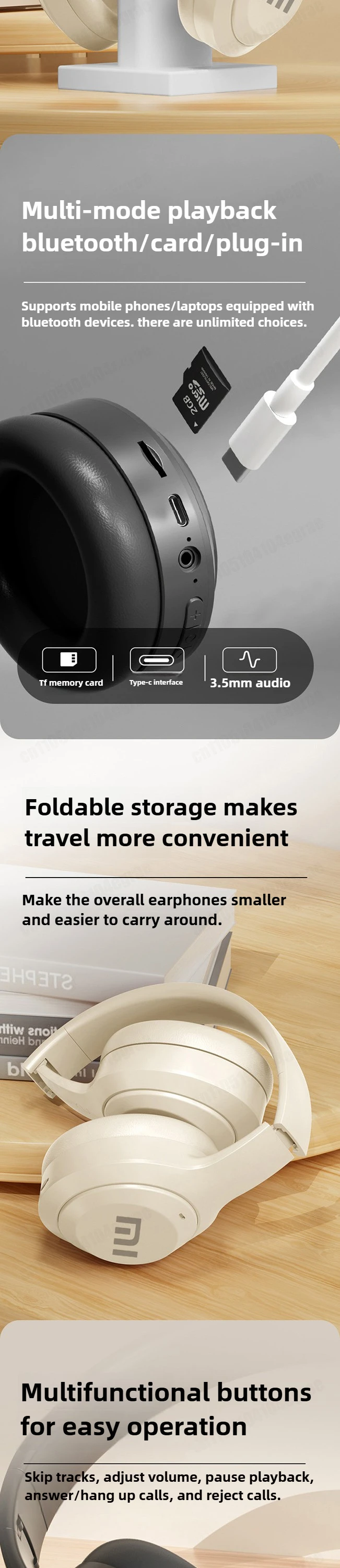 Wireless over ear headphones showing dynamic vocalism principle and IPX3 waterproof rating.