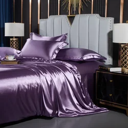 Luxurious Nordic Silk Bedding Set - Duvet Cover, Bed Sheet & Pillowcase - Queen Size 4pcs (Elegant Purple)