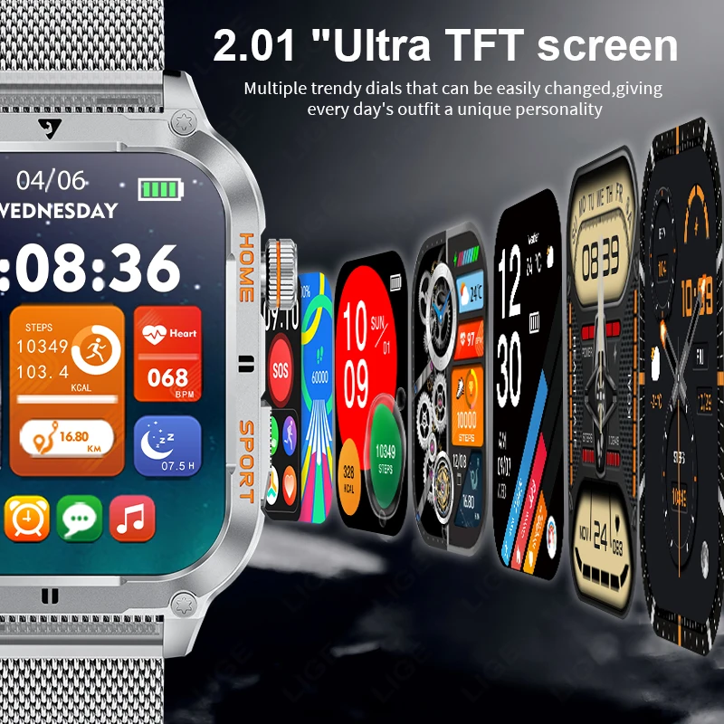 LIGE Smart Watch Military 2.01'' Large Screen Health Monitor Bluetooth Call Watches Waterproof Sports Smartwatch For Android IOS