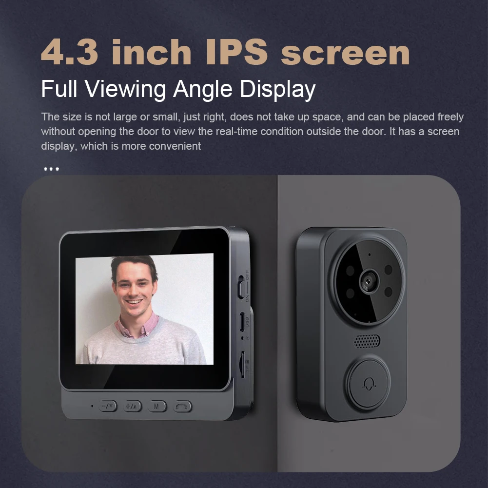 가정용 디지털 문짝 뷰어, IR 나이트 비전, 스마트 비디오 초인종 카메라, 4.3 인치 IPS 화면, 2.4G 와이파이, 800mAh 배터리