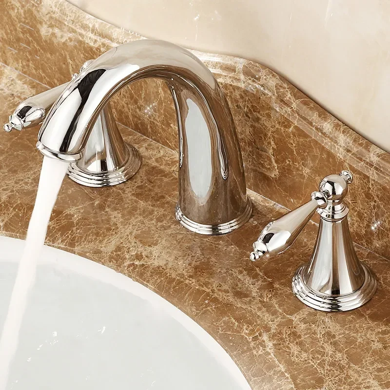 

3 Hole Bathroom Sink Faucet Deck Mounted Widespread Basin Faucet Dual Handles 3 pcs Mixer Tap Hot Cold Water Tap