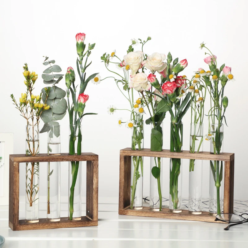 Description Picture 3 of itemHydroponic Plants Container with Wood Frame, Clear Glass Test Tube Vase for Living Rooms Office Delicate Decor