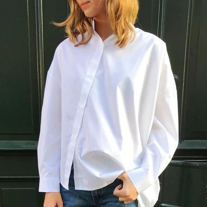 

Fashion Woman Blouse 2023 Female White Tops Women'S Asymmetric Slanting Collar Shirts Stripe Print High Quaity Lady Casual Long