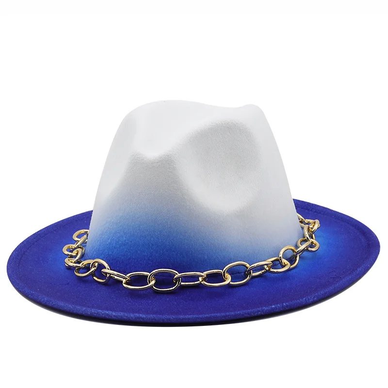 

Blue/white Wide Brim Simple Church Derby Top Hat Panama Solid Felt Fedoras Hat for Men Women Artificial Wool Blend Jazz Cap