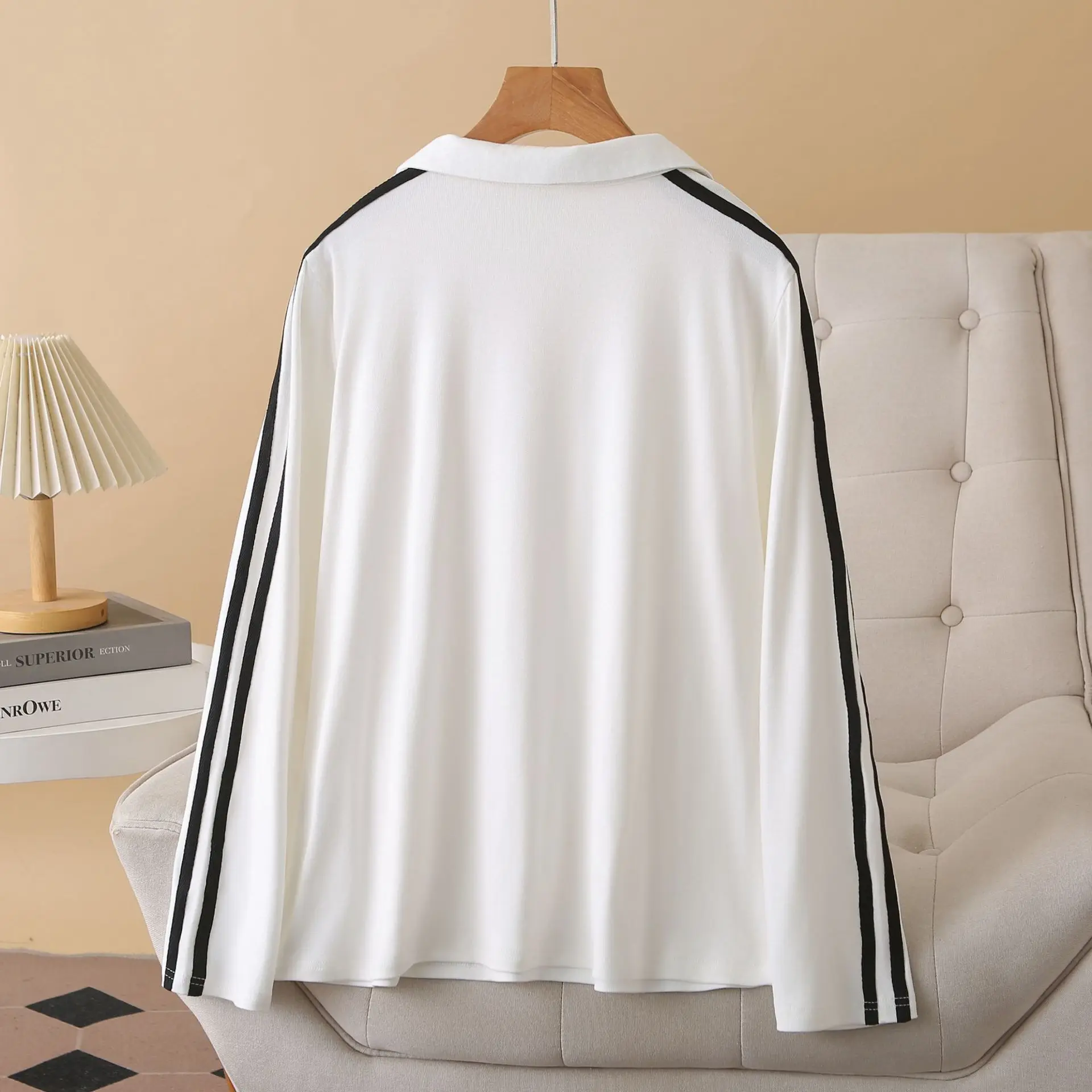 Plus Size Women's T-Shirt 2025 Autumn New Simple Sporty Lapel Double-striped long-sleeved Tops 681