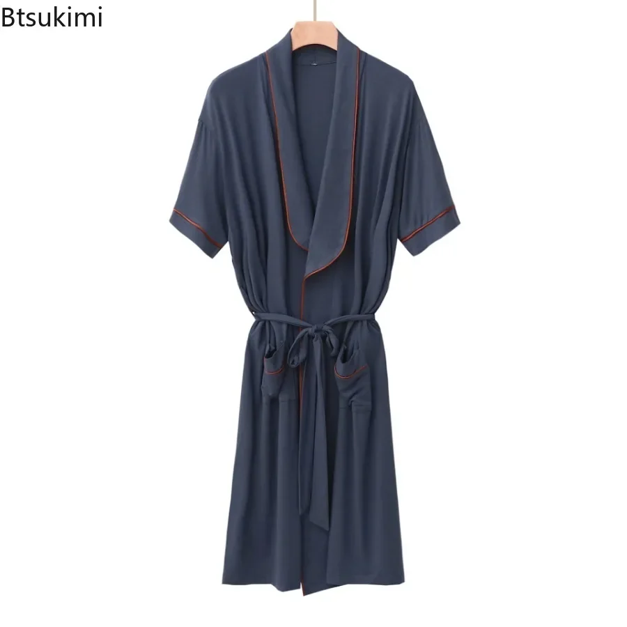 2024 Men's Plus Size Home Clothes Short-sleeved Cardigan Mid-length Men Kimono Bathrobe with Belt Drapey Pajamas Bathrobe Male