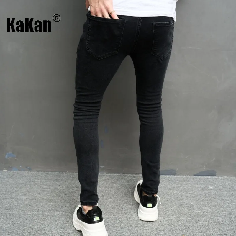 Kakan - European and American New Worn Knee Stretch Jeans for Men, Tight Black Casual Feet Slim Fit Pants K49-2008