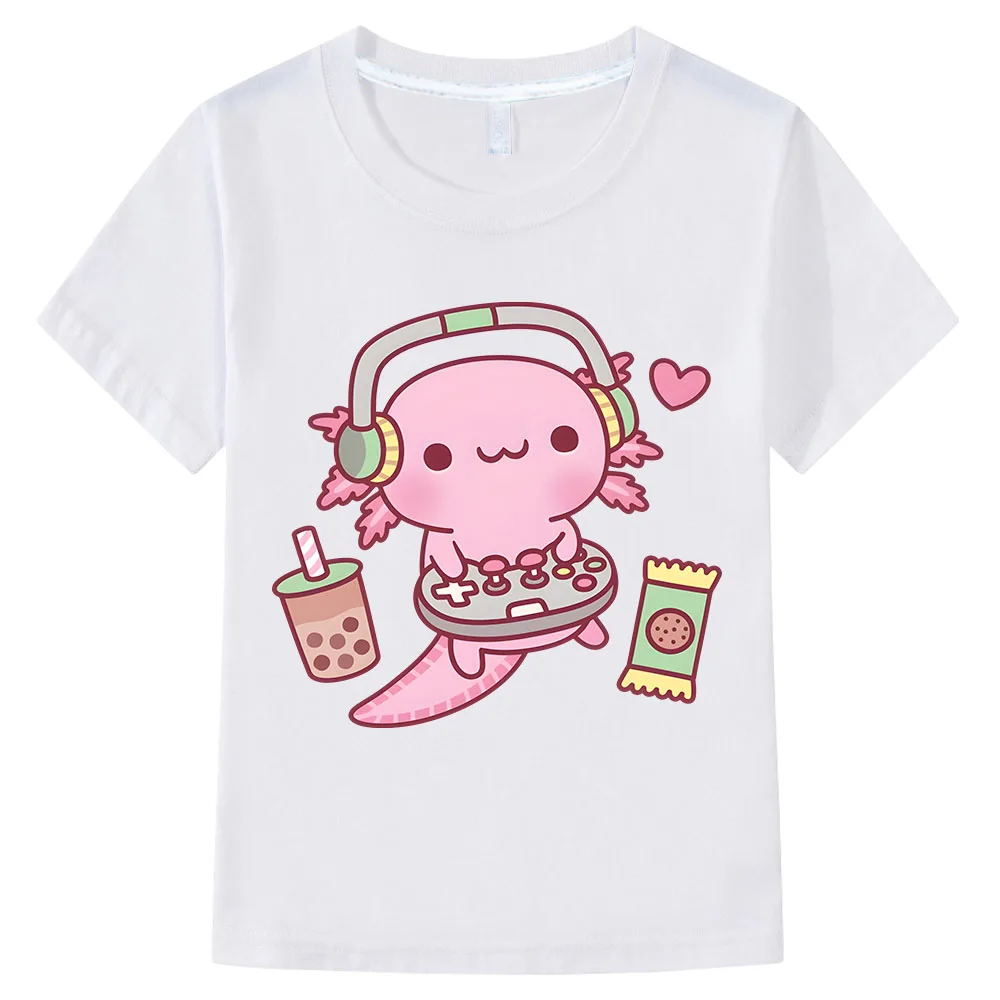 

Pink Axolotl Print T-shirt 100% Cotton Summer Cute Tshirts for Boys Girls Sports Short Sleeve Tees Kids Holiday Gift Tops Kawaii