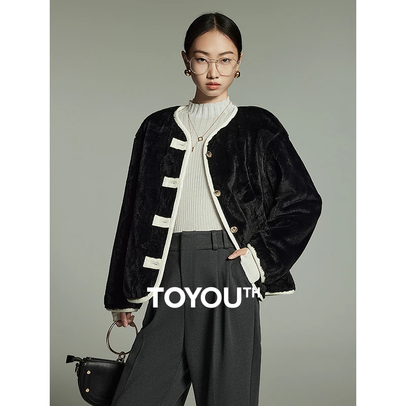 

Toyouth Women Imitation Rabbit Fur Coat 2023 Winter Long Sleeves Round Neck Loose Jacket Elegant Advanced Black Outwear Tops