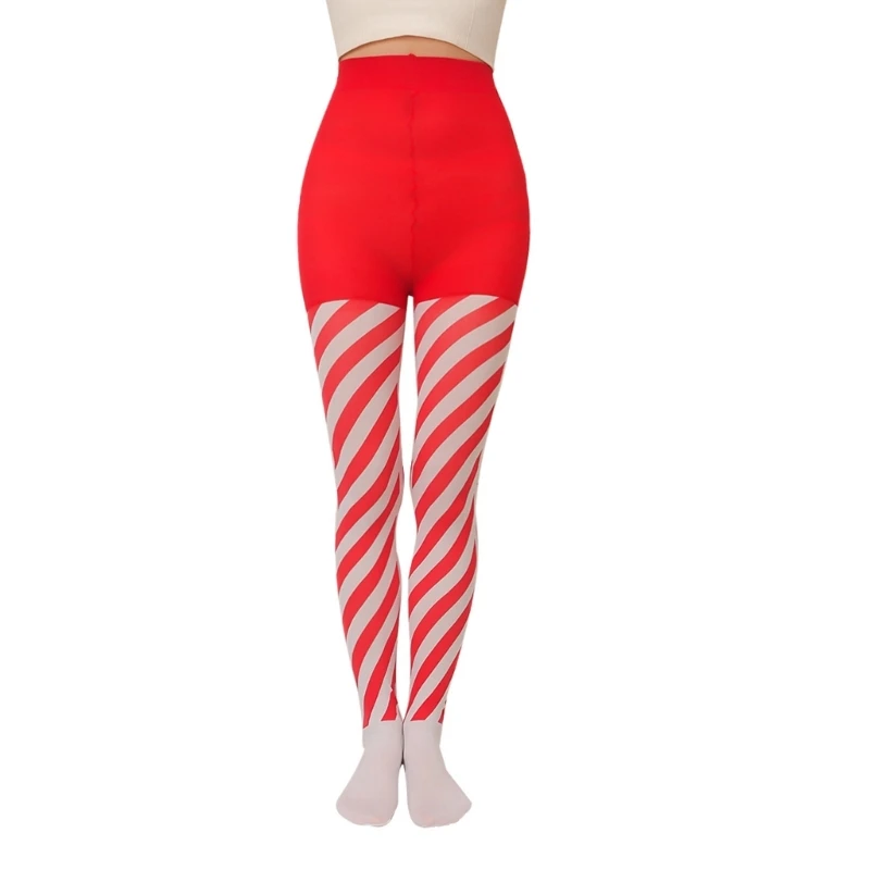 Christmas Colorblock Candy Cane Striped Pantyhose High Waist Full