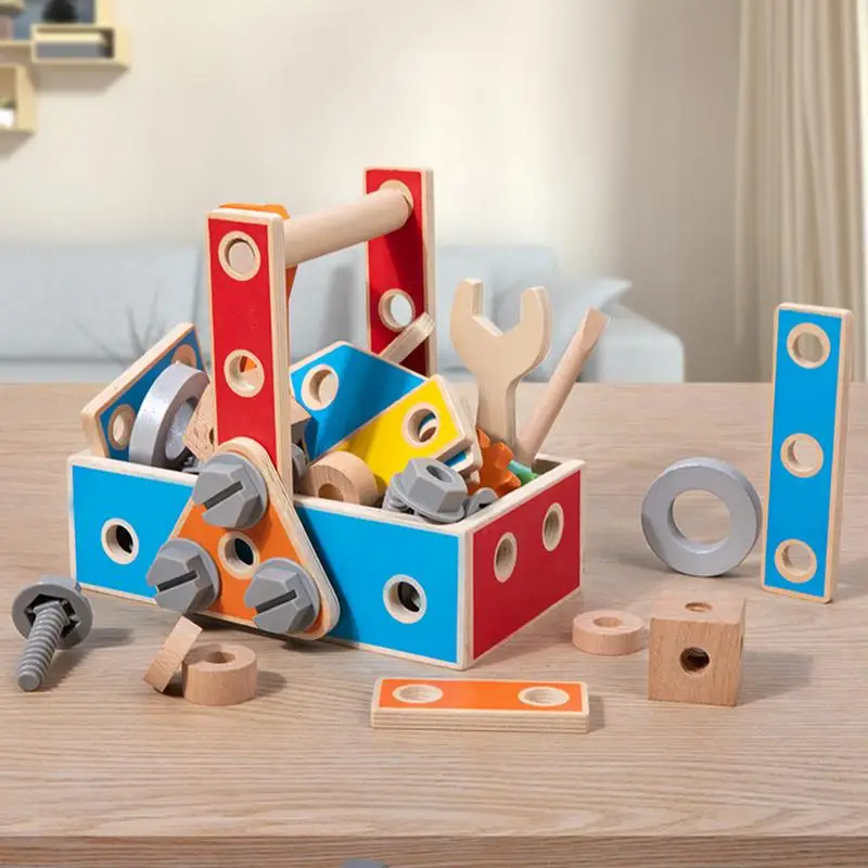 

Id's Wooden Tool Box Wooden Nuts And Bolts Building Blocks Construction Kit Carpenter Tool Montessori Education Toys