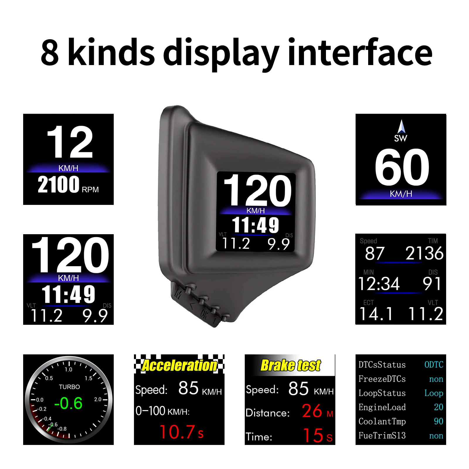 P8 OBD2 HUD 온보드 컴퓨터 속도계 RPM 터보 부스트 전압 오일 압력 수온 GPS 속도계 헤드업 디스플레이