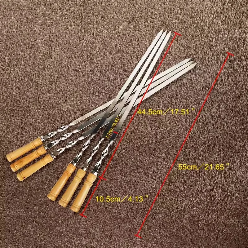 New 55 Cm Long Handle Shish Kebab BBQ Skewers Barbecue Grill Stick Wood BBQ Fork Stainless steel Outdoors Grill Needle