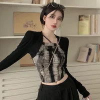 Vintage Tie-dye Pleated Casual Long-sleeved T-shirt Women  Square Neck  Autumn New Contrast Color Stitching Cute Crop Tops